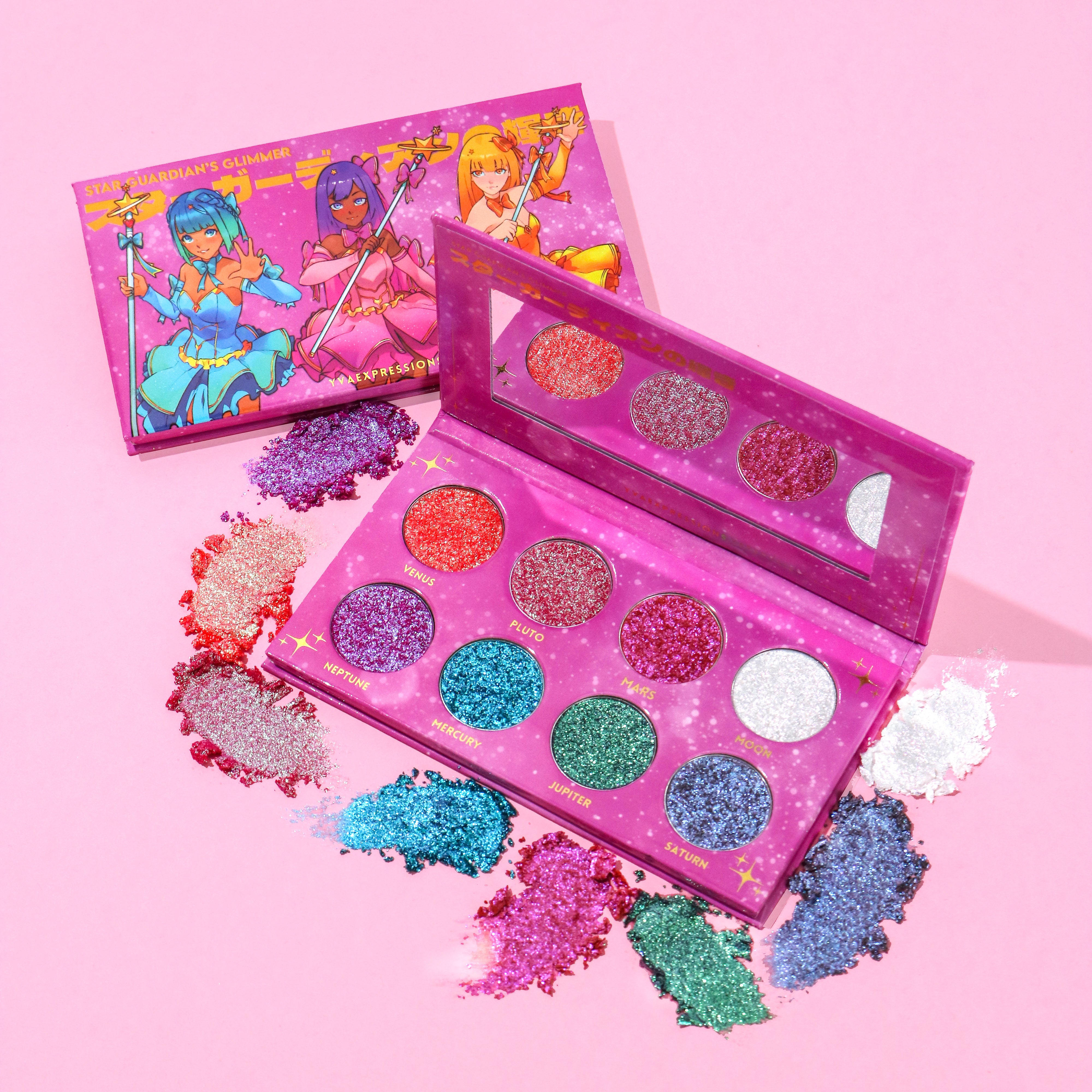 The "Viral Magical Guardian Glitter palette " features Eight super sparkly and dazzling duochrome shades that color shift into two colors. This Glitter palette is in pink packaging and features an orange duochrome eyeshadow, a pink and purple duo chrome eyeshadow, a blue duochrome eyeshadow, a green duochrome eyeshadow, a purple duochrome eyeshadow, a white duochrome eyeshadow. This Glitter duochrome eyeshadow palette is the best glitter palette on the market. Glitter palette, Glitter eyeshadow